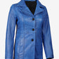 Marsha women's blue leather 3/4 length car coat, full front view