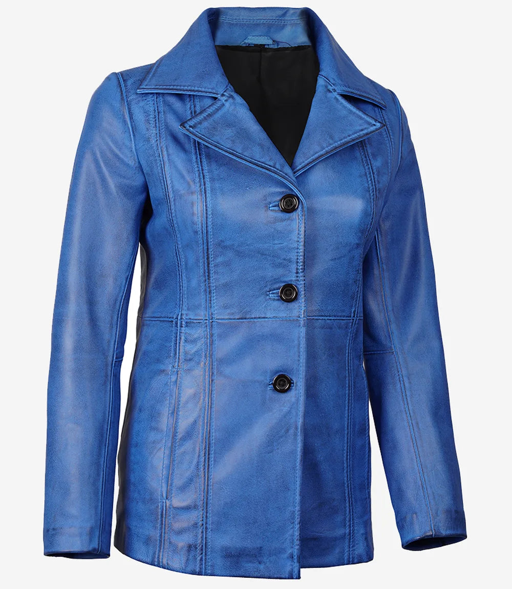 Marsha women's blue leather 3/4 length car coat, full front view