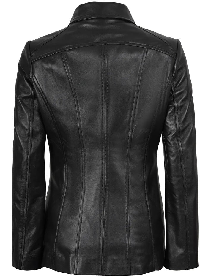 Women’s Black Leather Car Coat – Front View