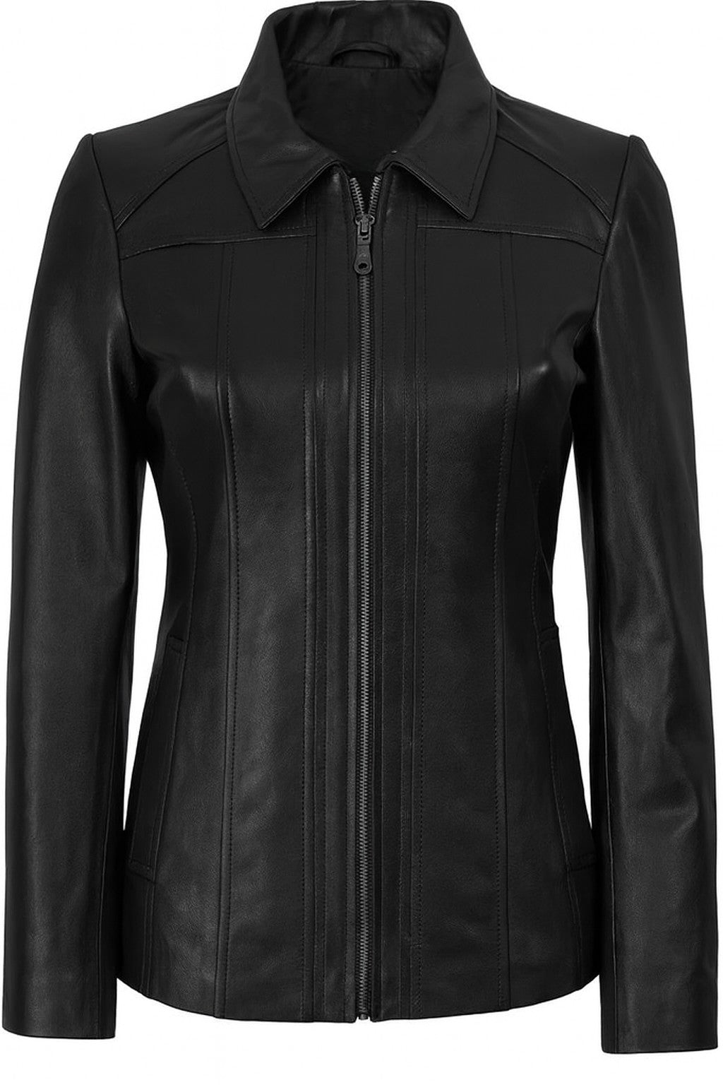 Women’s Black Leather Car Coat – Front View