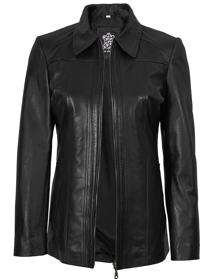 Marsha Women's Black Leather Car Coat Jacket - Front Open View