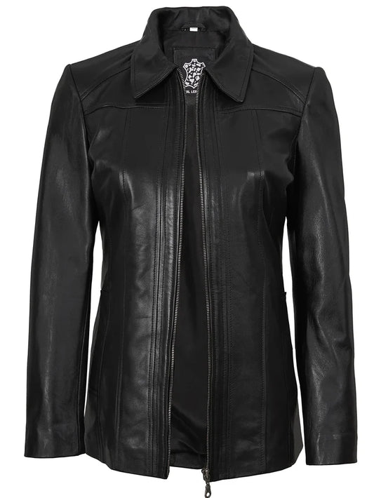 Marsha Women's Black Leather Car Coat Jacket - Front Open View