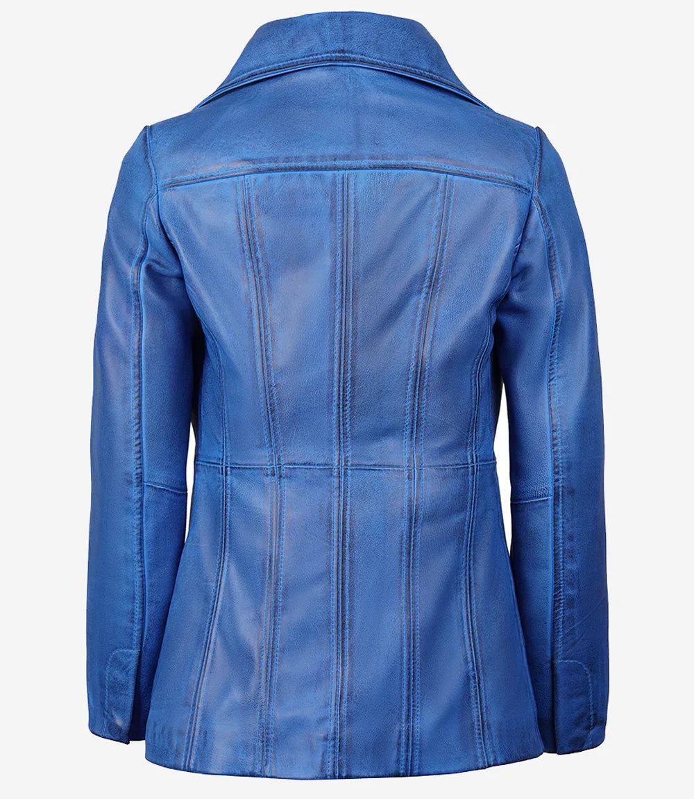 Women's blue leather car coat by NSM Jackets, notch lapel detail