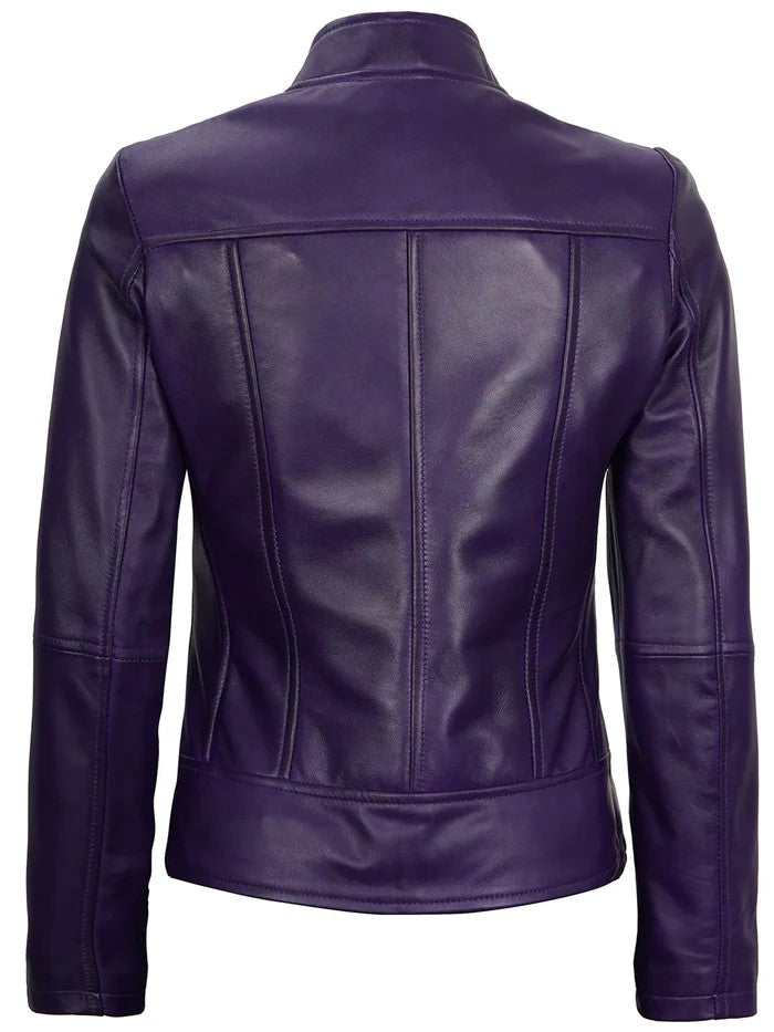 Amy Women’s Purple Café Racer Leather Jacket – Front View