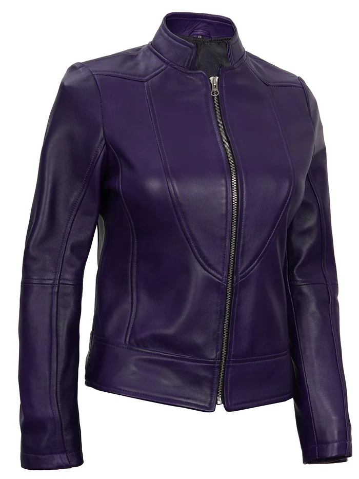 Amy Women's Purple Cafe Racer Leather Jacket - Front View