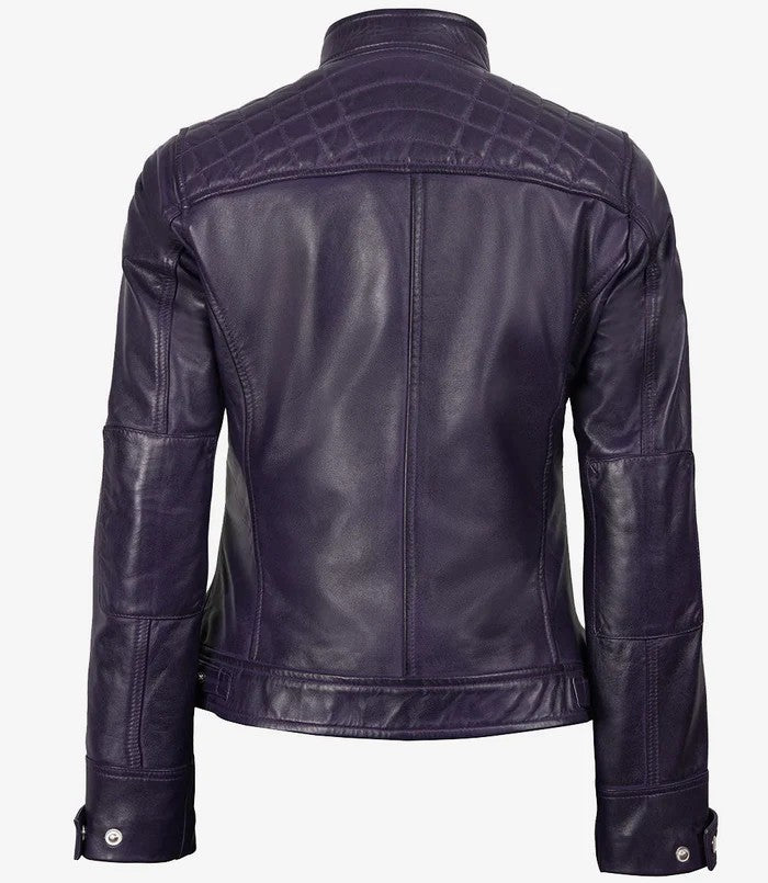 Back View – Quilted Shoulder Purple Leather Biker Jacket