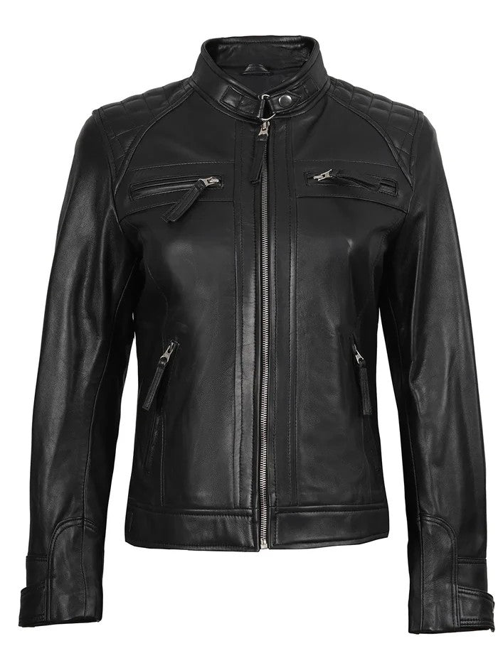 Women’s Quilted Black Biker Leather Jacket – Front View