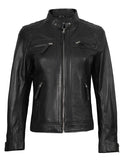 Women’s Quilted Black Biker Leather Jacket – Front View