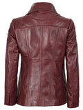 Back View of Women’s Real Leather Burgundy Blazer