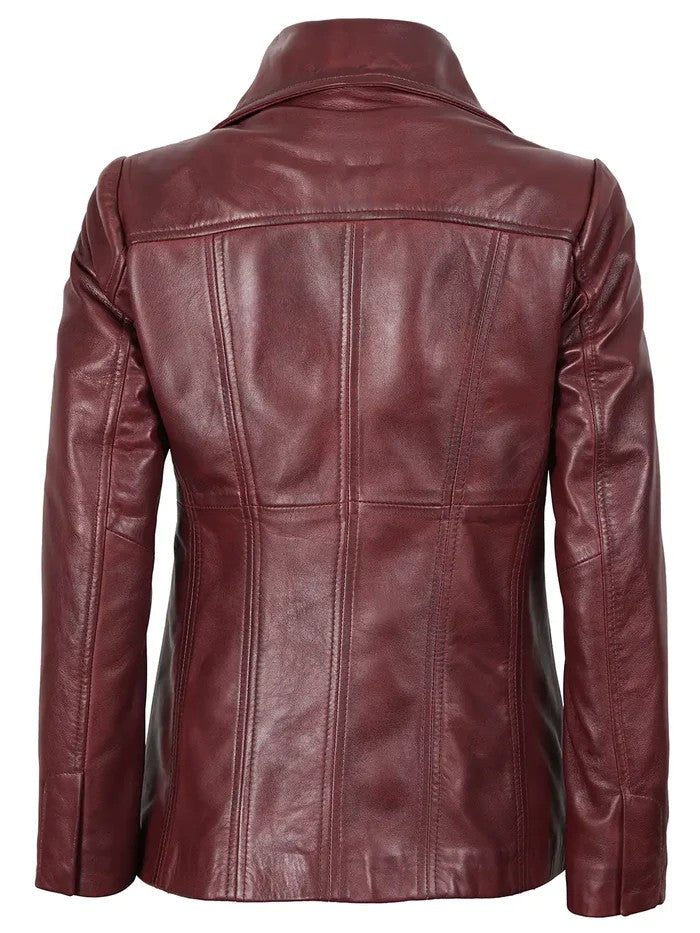 Back View of Women’s Real Leather Burgundy Blazer