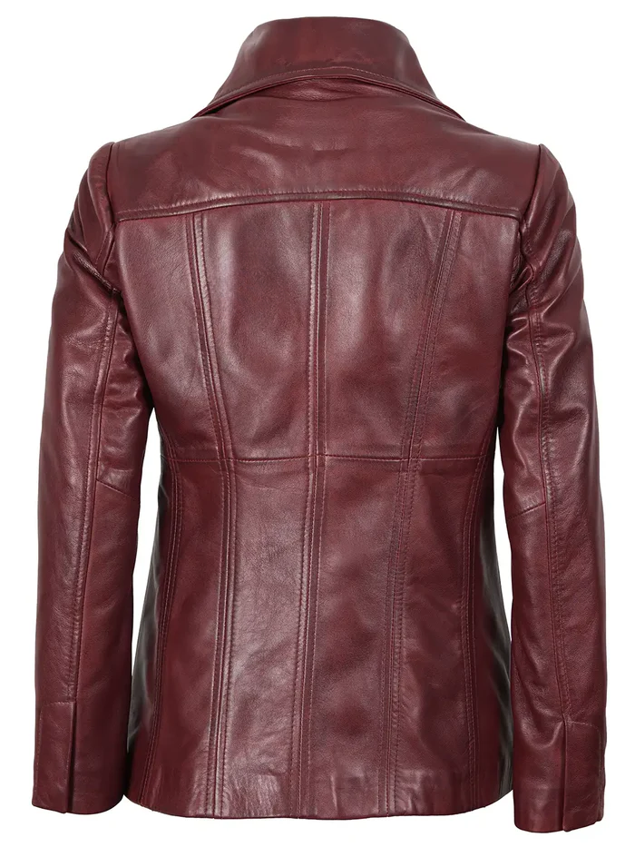 Blair Women's Burgundy Leather Blazer - Front View