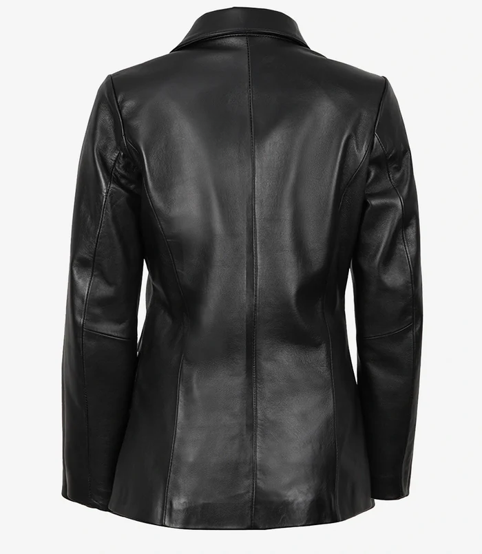 Nova Women's Black Peak Lapel Leather Blazer - Front Open View