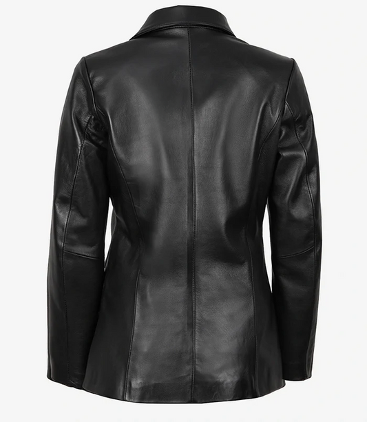 Nova Women's Black Peak Lapel Leather Blazer - Front Open View