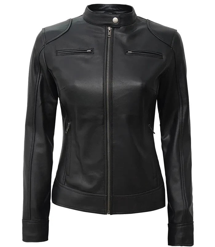 Black Real Sheepskin Leather Jacket for Women – Front Closed View