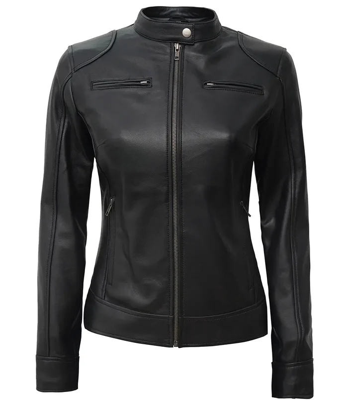 Aria Women's Black Cafe Racer Leather Jacket - Front View