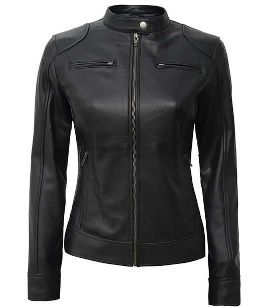 Aria Women's Black Cafe Racer Leather Jacket - Front View