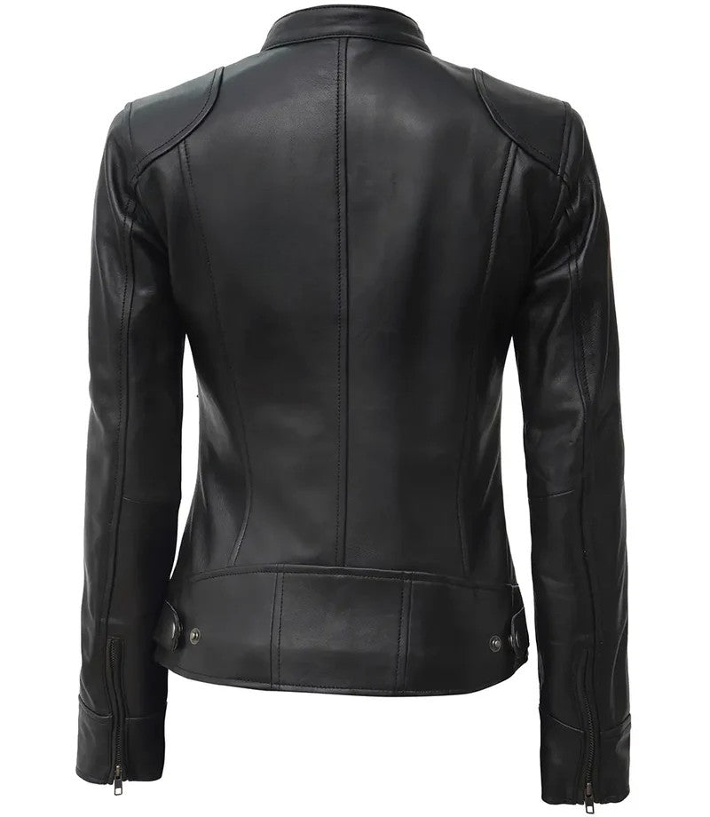 Back View – Black Café Racer Leather Jacket for Women