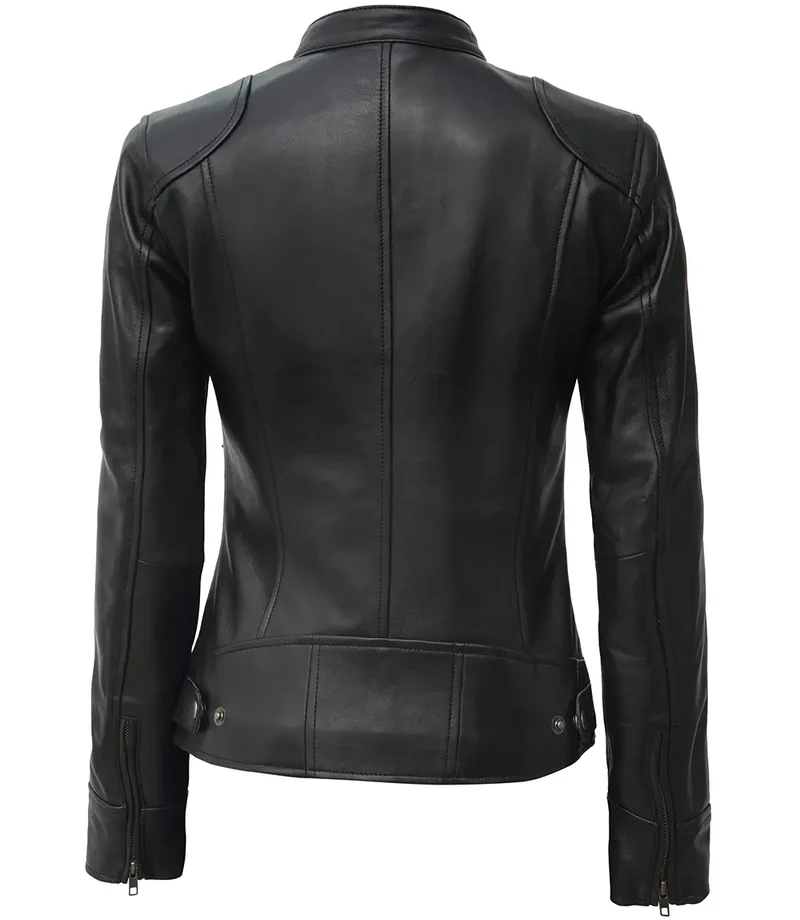 Aria Women's Black Cafe Racer Leather Jacket - Side View