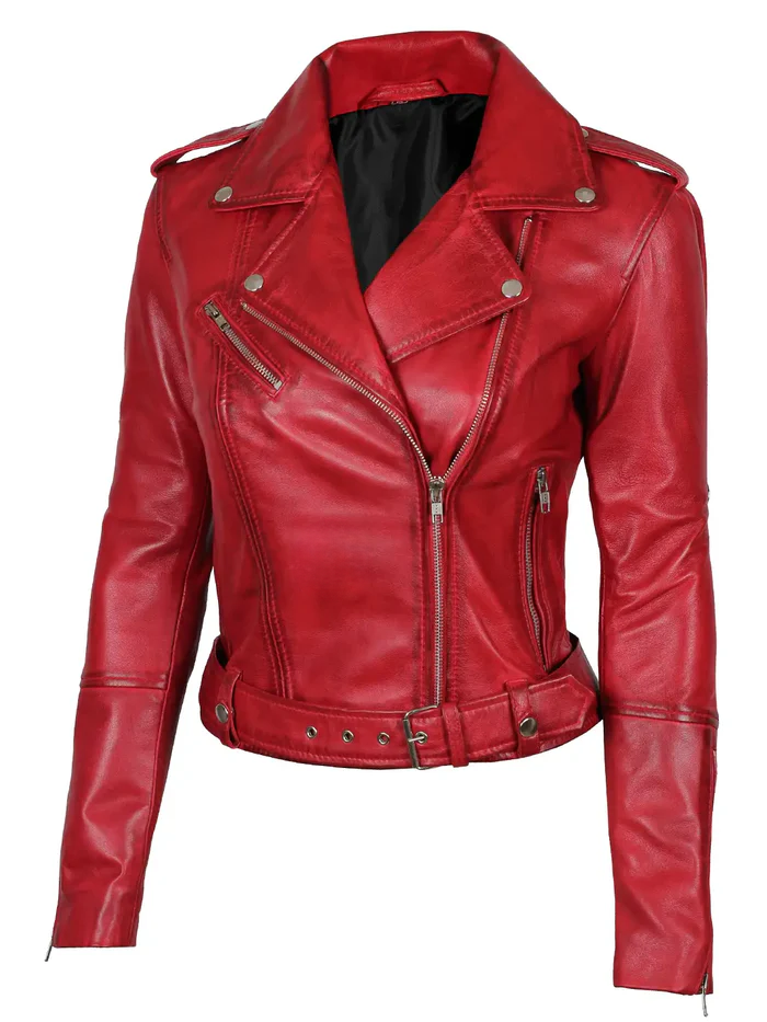 Ruby Women's Red Biker Leather Jacket - Side View