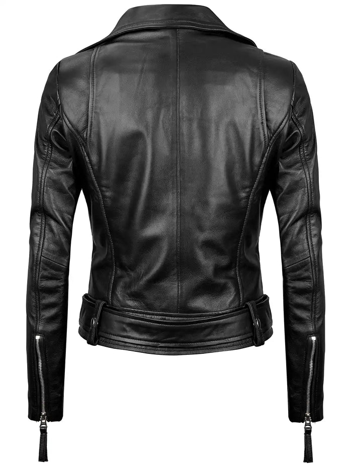 Vega Women's Black Biker Leather Jacket - Front View