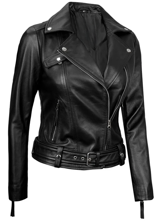 Vega Women's Black Biker Leather Jacket - Front Open View