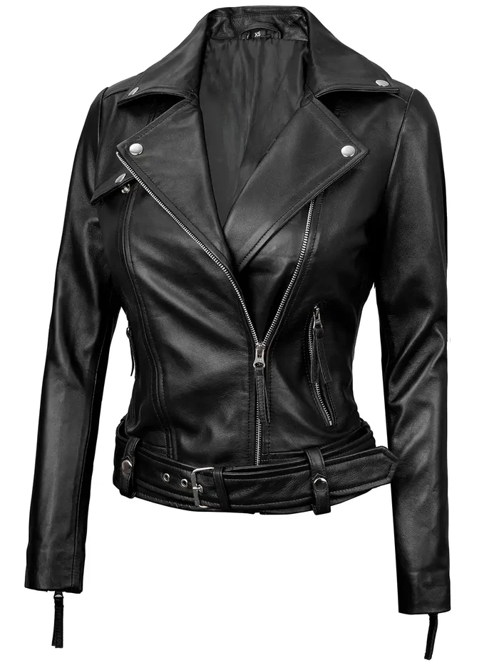Vega Women's Black Biker Leather Jacket - Side View