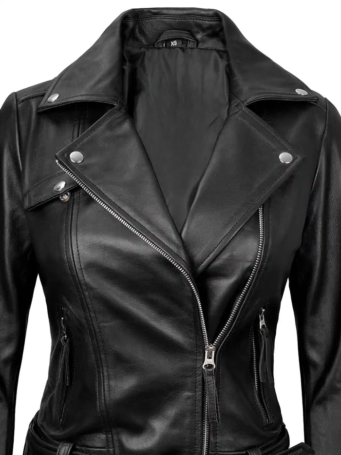 Vega Women's Black Biker Leather Jacket - Detail View