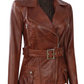 Cognac Women's Brown Belted Biker Leather Jacket - Side View