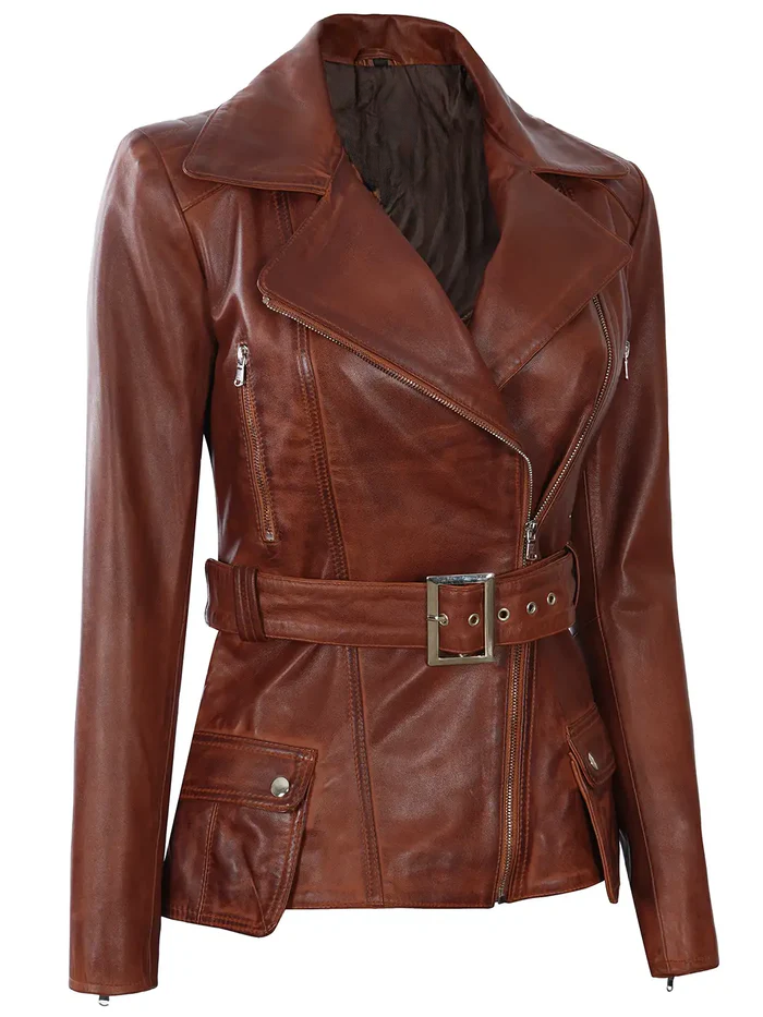 Cognac Women's Brown Belted Biker Leather Jacket - Side View