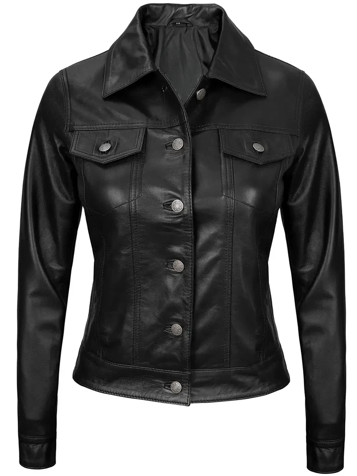 Wren Women's Black Trucker Leather Jacket - Side View