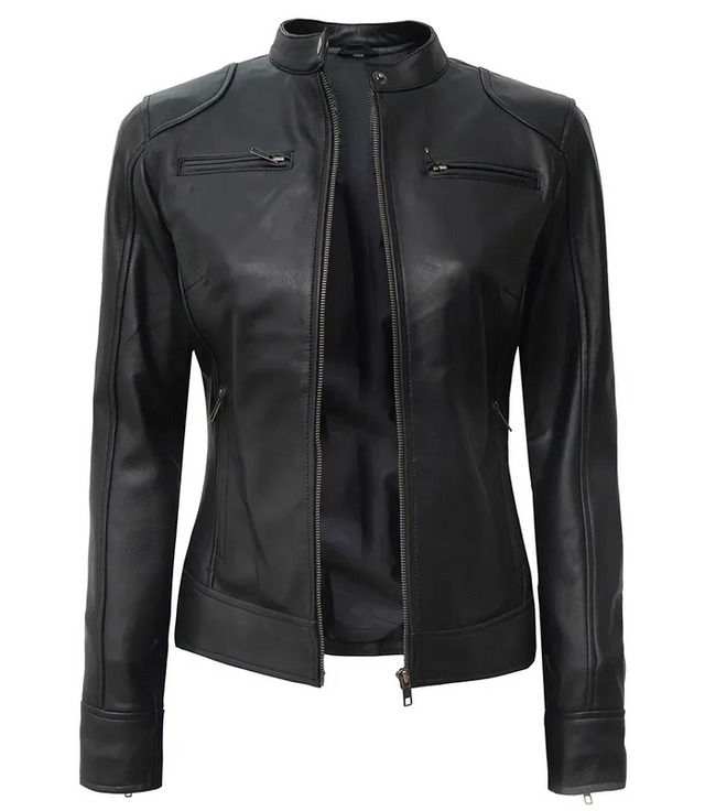Veste café racer en cuir pour femme – Noir – à taille côtelée