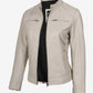 Angled front view of Aria women's off-white cafe racer leather jacket with zip pockets