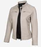 Angled front view of Aria women's off-white cafe racer leather jacket with zip pockets