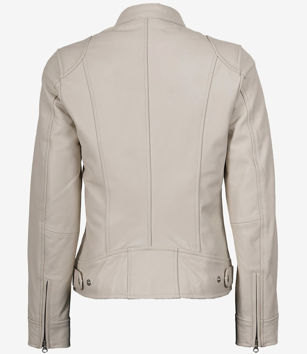Back view of Aria women's off-white cafe racer leather jacket showing panel seams and waist tabs