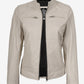 Open front view of Aria women's off-white cafe racer leather jacket showing the black lining