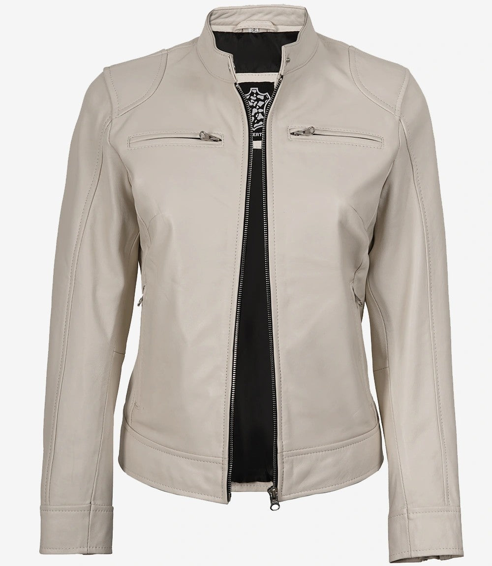 Open front view of Aria women's off-white cafe racer leather jacket showing the black lining