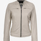 Zipped front view of Aria women's off-white cafe racer leather jacket with a stand collar