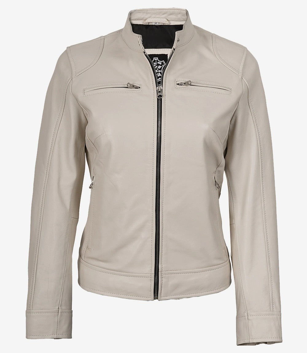 Zipped front view of Aria women's off-white cafe racer leather jacket with a stand collar