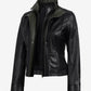 Avery women's black cropped leather jacket with olive contrast collar, angled open front view