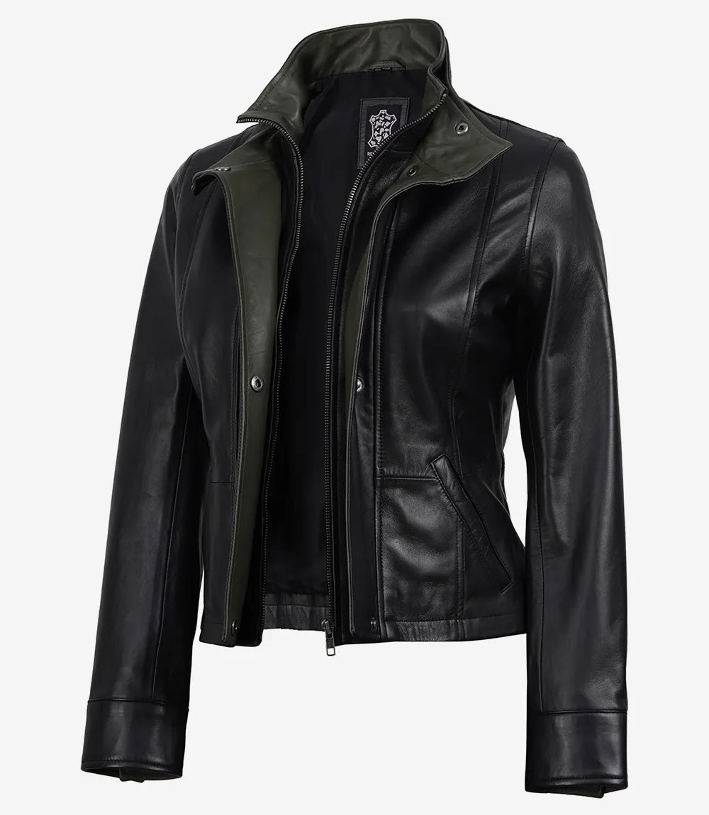 Avery women's black cropped leather jacket with olive contrast collar, angled open front view