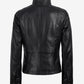 Back of Avery women's black cropped leather jacket showing panel seams and long sleeves