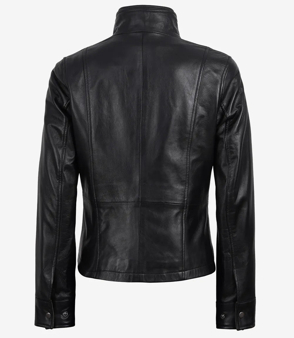 Back of Avery women's black cropped leather jacket showing panel seams and long sleeves