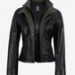 Avery women's black cropped leather jacket with inner zip fastened and olive front facing visible