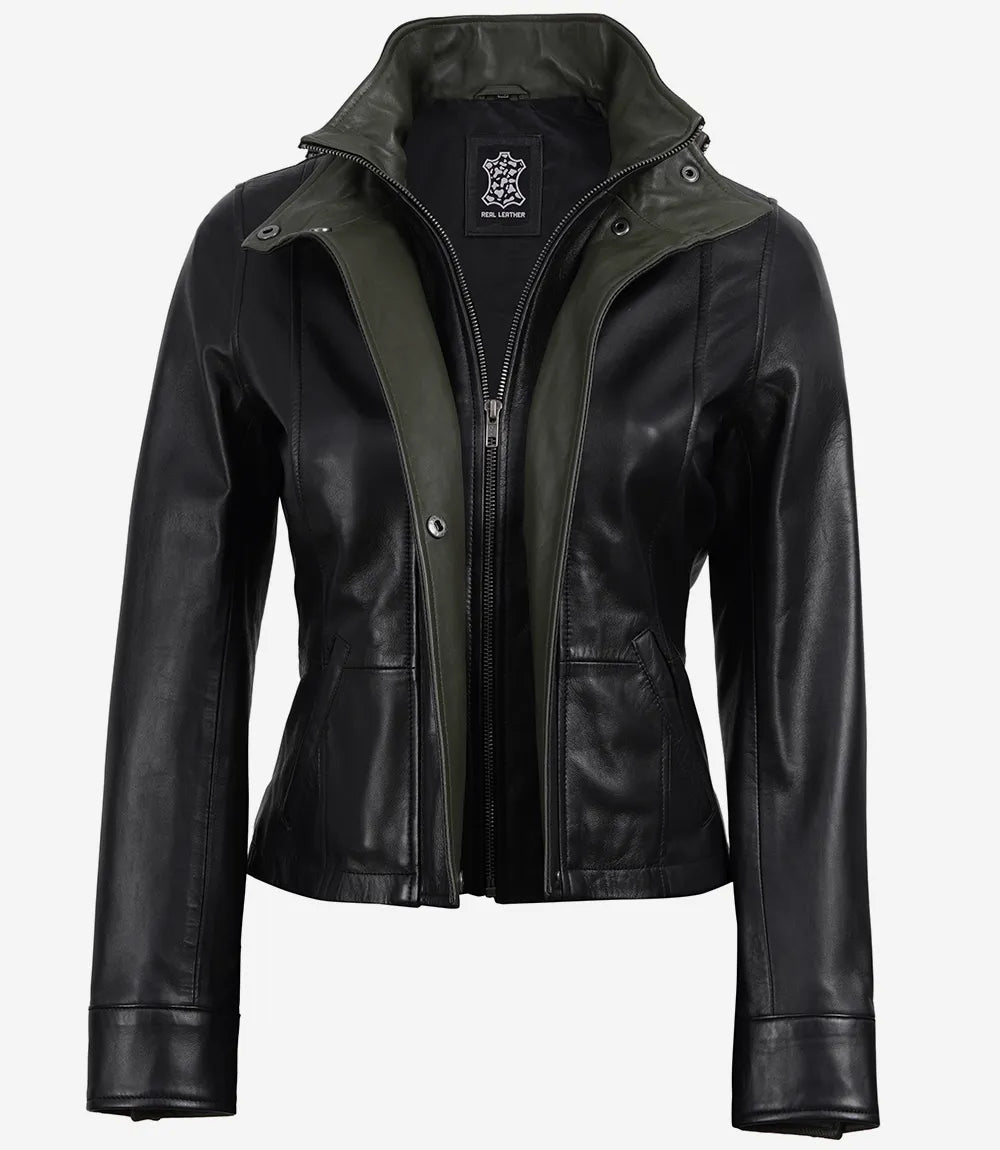 Avery women's black cropped leather jacket with inner zip fastened and olive front facing visible