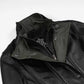 Close-up of Avery jacket's olive contrast collar, snap fasteners and front zip