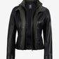 Avery women's black cropped leather jacket, open front showing olive collar and facing