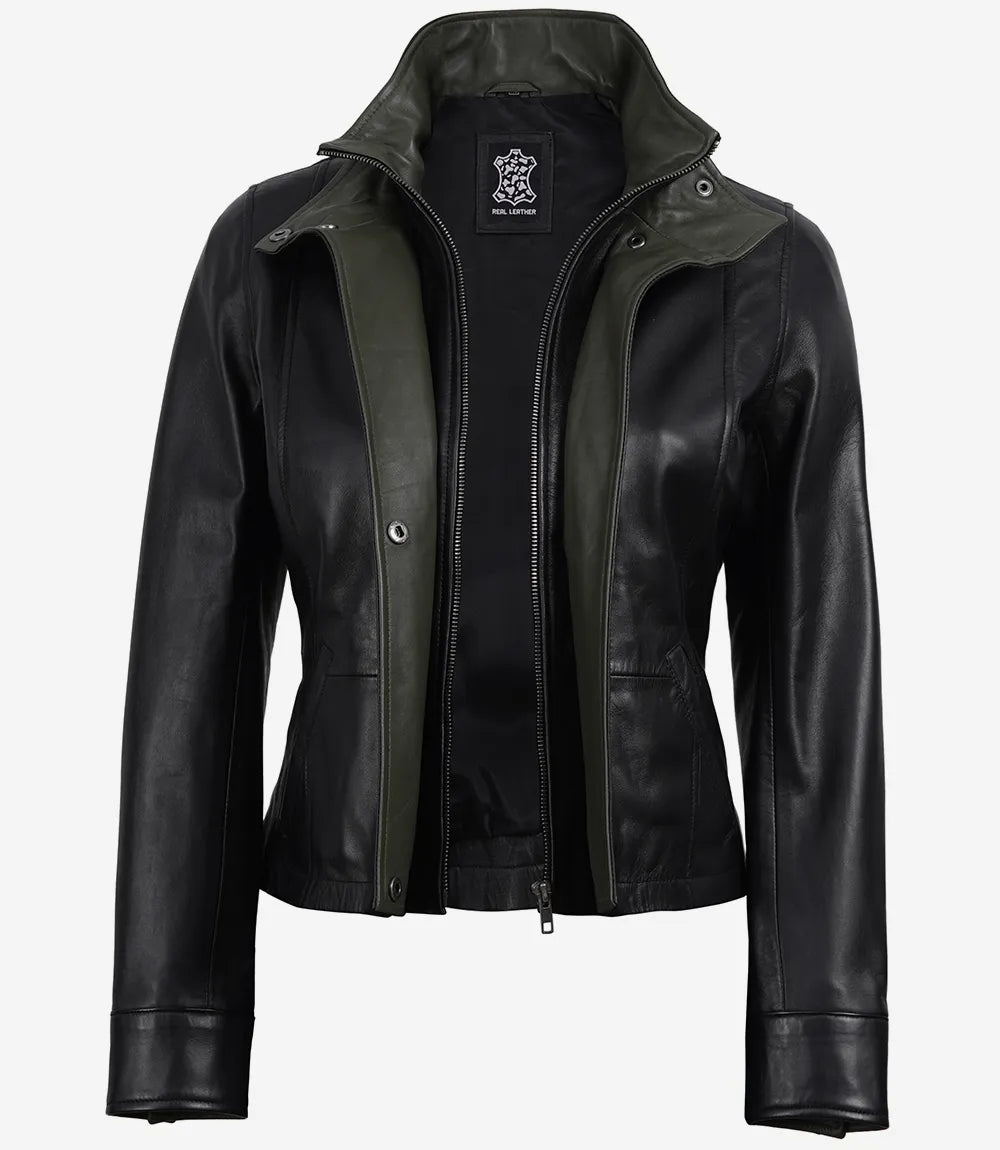 Avery women's black cropped leather jacket, open front showing olive collar and facing