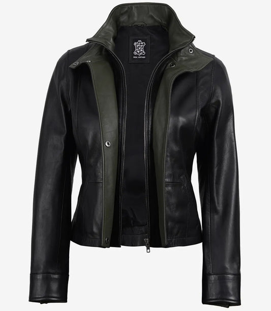 Avery women's black cropped leather jacket, open front showing olive collar and facing