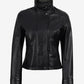 Avery women's black cropped leather jacket, front view with snap fastening closed and stand collar raised