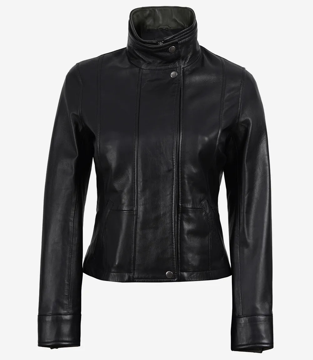 Avery women's black cropped leather jacket, front view with snap fastening closed and stand collar raised